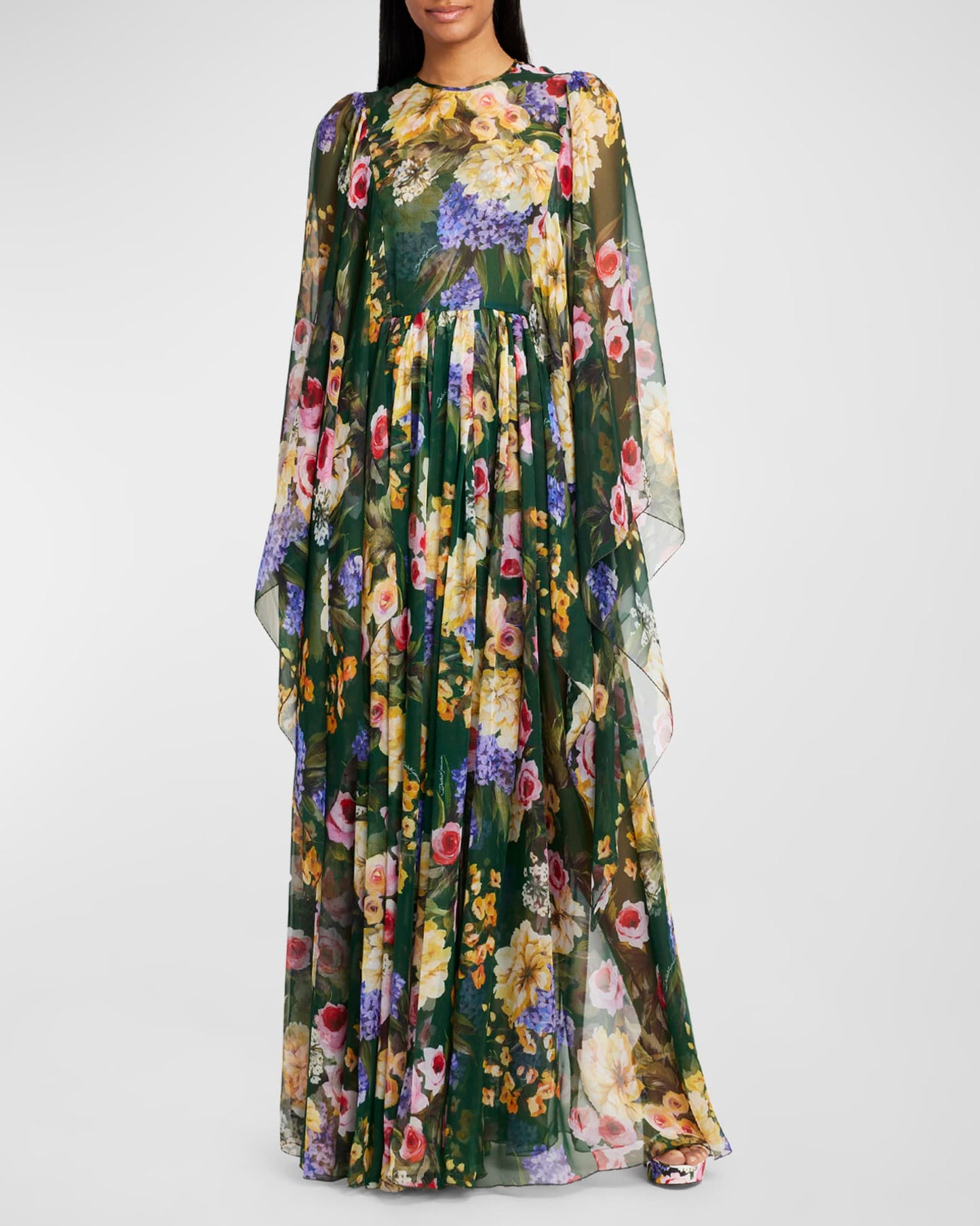 Women Flora Print Long Cape Sleeve Fit-&-Flare Chiffon Silk Gown Maxi Evening Dress