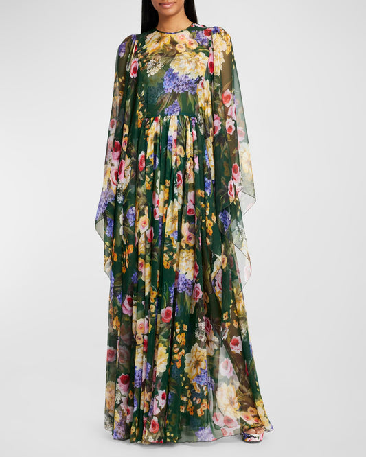 Women Flora Print Long Cape Sleeve Fit-&-Flare Chiffon Silk Gown Maxi Evening Dress