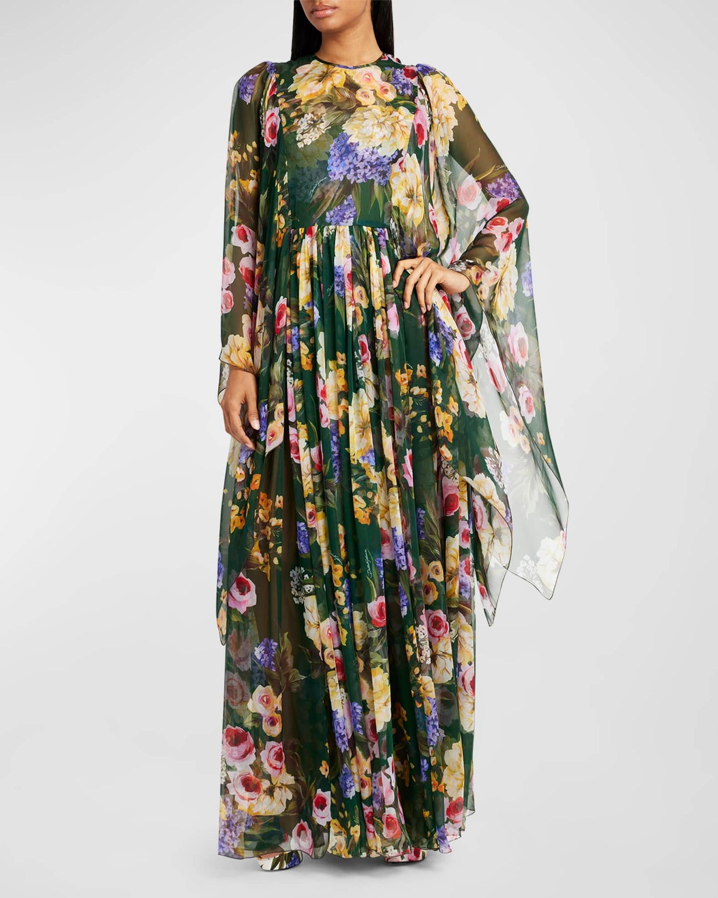Women Flora Print Long Cape Sleeve Fit-&-Flare Chiffon Silk Gown Maxi Evening Dress