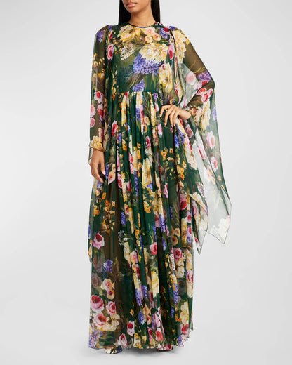 Women Flora Print Long Cape Sleeve Fit-&-Flare Chiffon Silk Gown Maxi Evening Dress