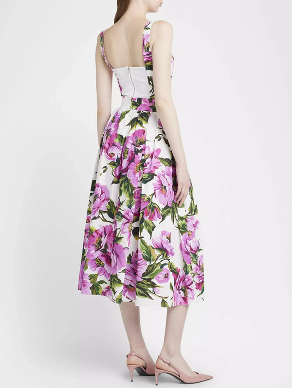 Pink Peony Print Floral Print Cotton Bustier Top And Pleated Skirt Set