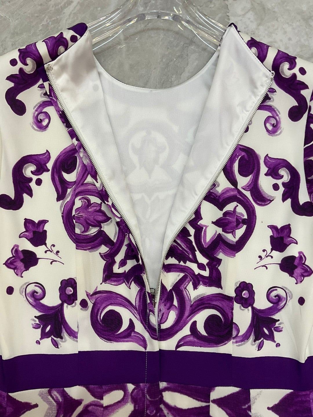 Luxury Silk Midi Dress for Women – Purple Porcelain Print | 100% Silk A-Line Summer Dress