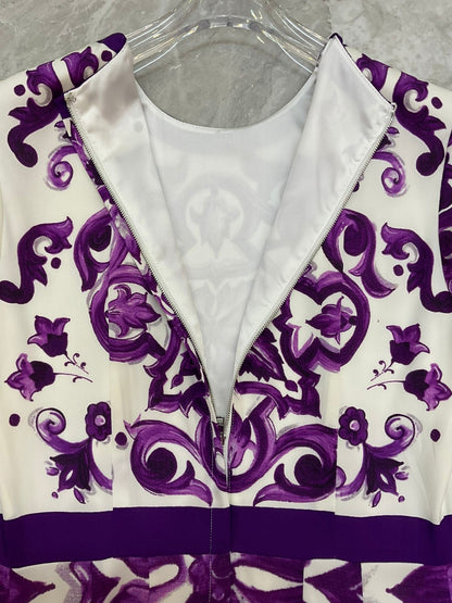 Luxury Silk Midi Dress for Women – Purple Porcelain Print | 100% Silk A-Line Summer Dress