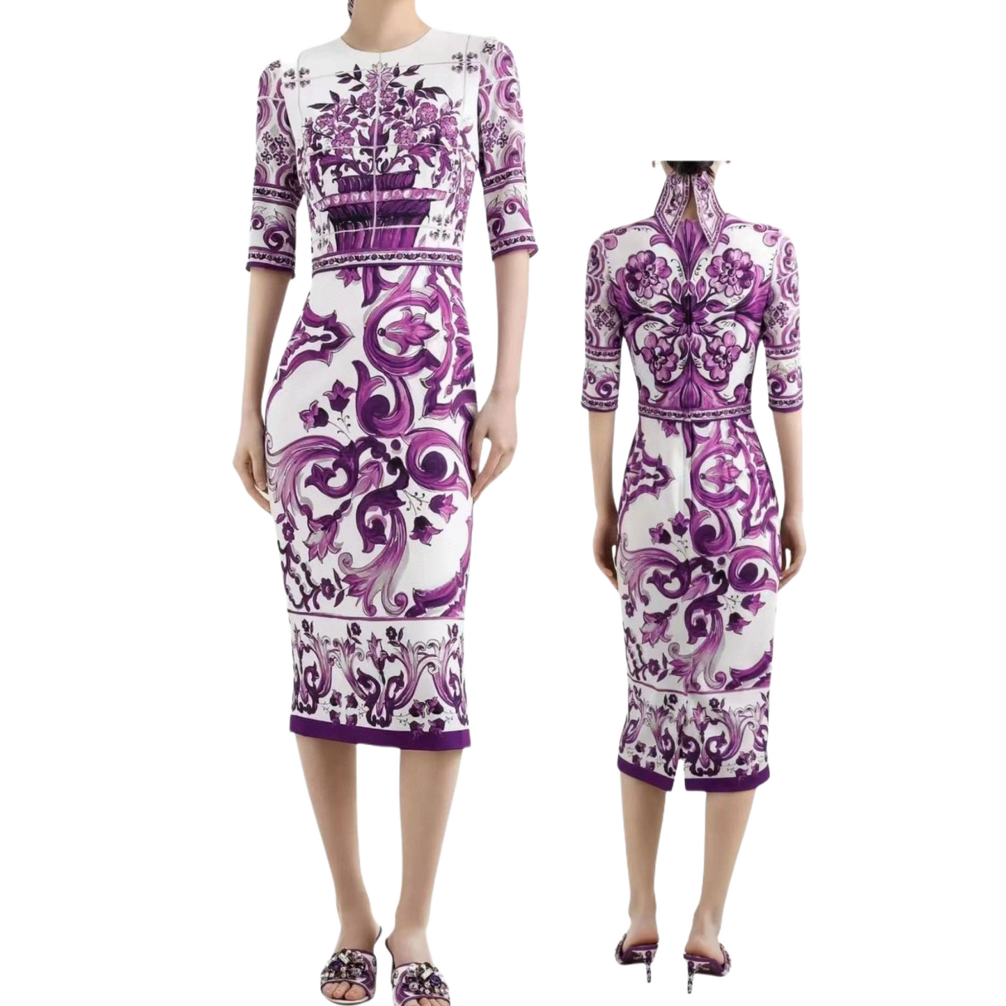 Luxury Silk Midi Dress for Women – Purple Porcelain Print | 100% Silk A-Line Summer Dress