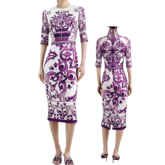 Luxury Silk Midi Dress for Women – Purple Porcelain Print | 100% Silk A-Line Summer Dress