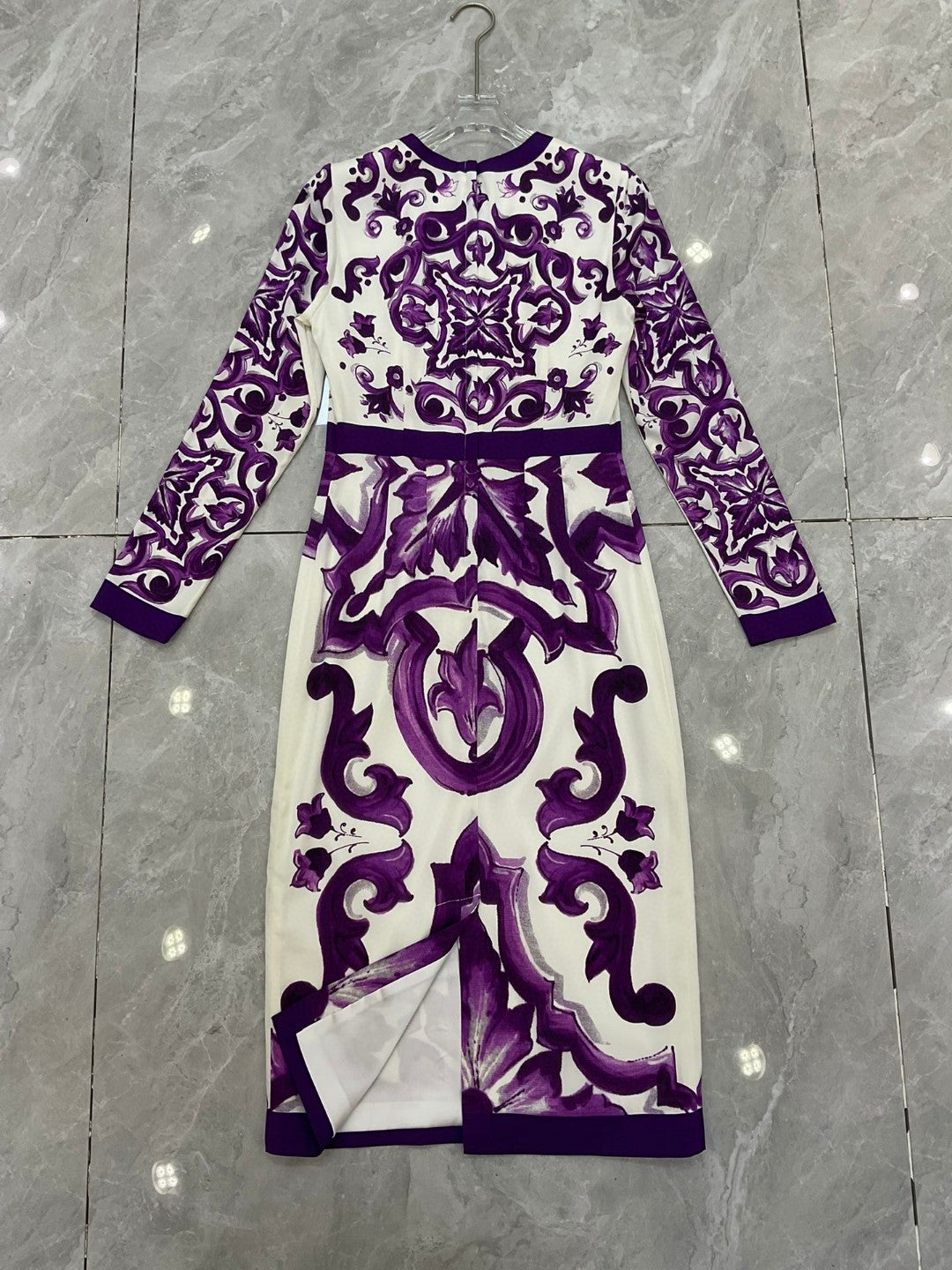 Luxury Silk Midi Dress for Women – Purple Porcelain Print | 100% Silk A-Line Summer Dress