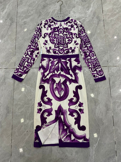 Luxury Silk Midi Dress for Women – Purple Porcelain Print | 100% Silk A-Line Summer Dress