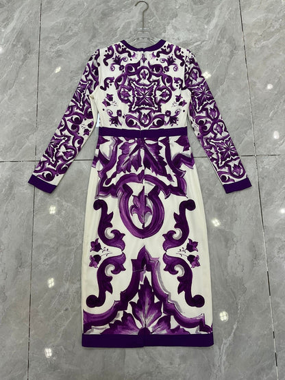 Luxury Silk Midi Dress for Women – Purple Porcelain Print | 100% Silk A-Line Summer Dress