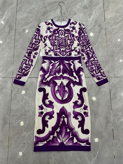 Luxury Silk Midi Dress for Women – Purple Porcelain Print | 100% Silk A-Line Summer Dress