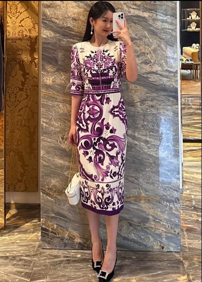 Luxury Silk Midi Dress for Women – Purple Porcelain Print | 100% Silk A-Line Summer Dress