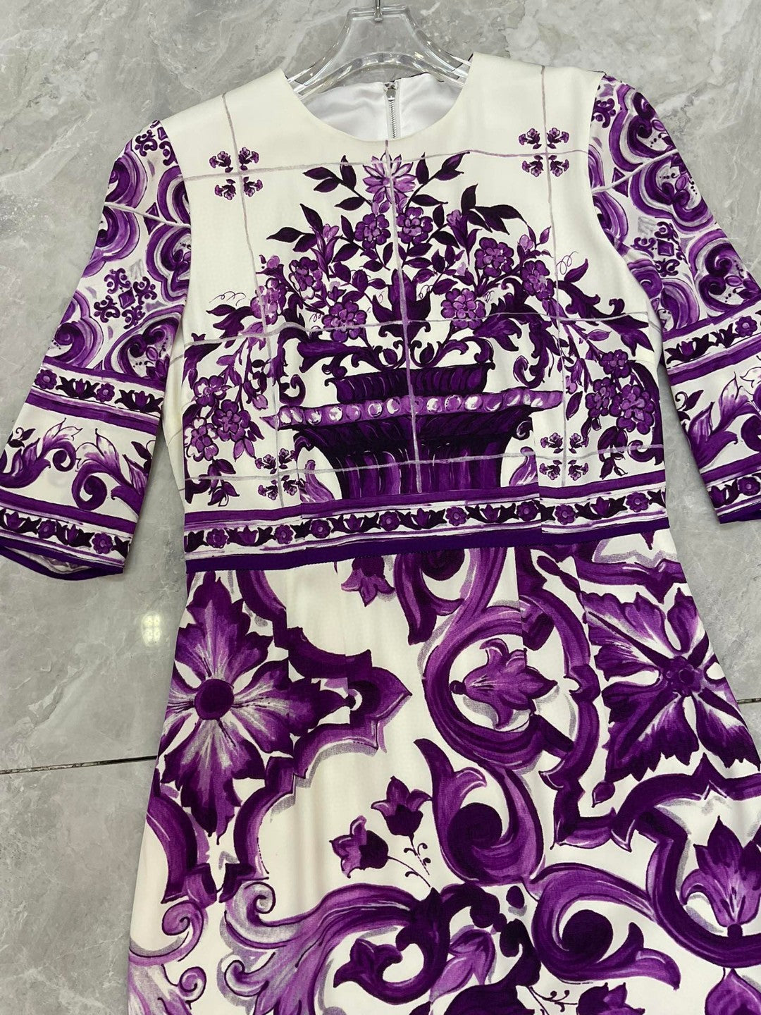 Luxury Silk Midi Dress for Women – Purple Porcelain Print | 100% Silk A-Line Summer Dress