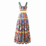 designer runway fashion sexy two piece set Spaghetti Strap short top+pattern print long skirt Suit Women New summer