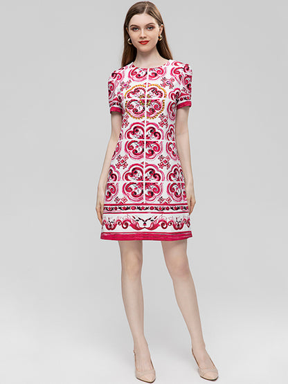 Summer Fashion Runway Vintage Loose Dress Women's O-Neck Short Sleeve Beading Diamond Print Buttock Covering Mini Dress