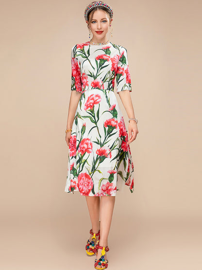 New Fashion Runway Summer Silk Dress Women Short sleeve High waist Flower Print Elegant Holiday Party Dress