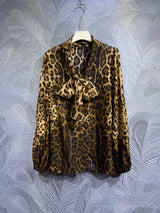 Luxury Designer Inspired Women's Brown Leopard Print Silk Blouse Shirt With Tie Autumn New Fashion 2023