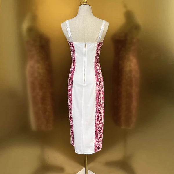 Fashion Designer Summer Silk Pencil Dress Women Spaghetti Strap Flowers Print Elegant Party Package Buttocks Dresses
