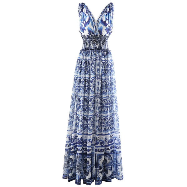 HIGH QUALITY Summer Holiday Women Maxi Dress With V-Neck Elastic Waist Blue And Porcelain Print For Party
