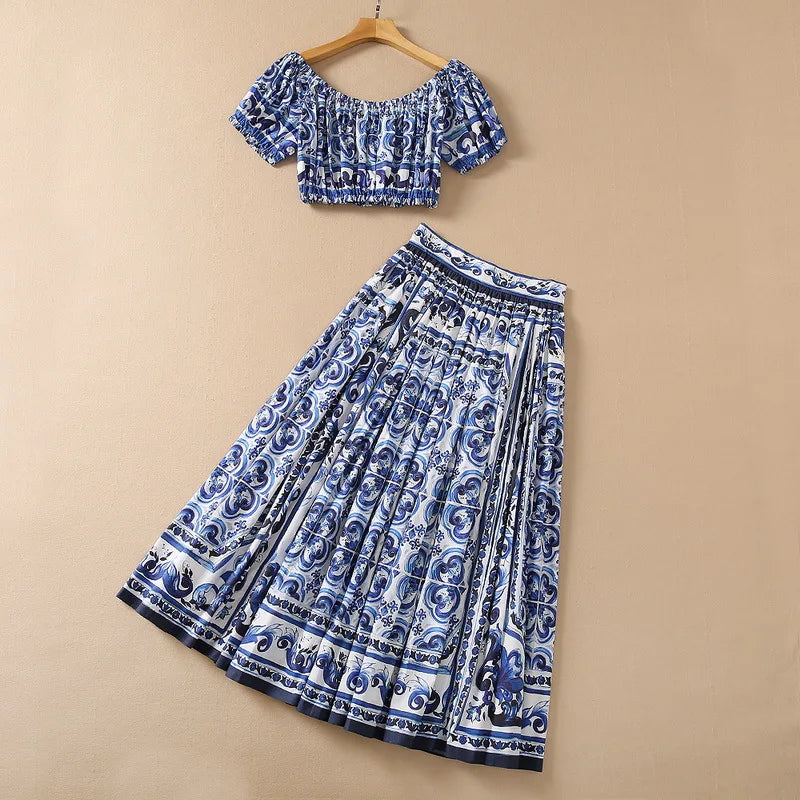 HIGH QUALITY Luxury Fashion Women Blue&White Porcelain Print Off Shoulder Top and Maxi Skirt Summer Set For Female