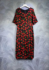 Luxury Designer Inspired High Quality Women "Cherry" Print Elegant Silk Midi Dress