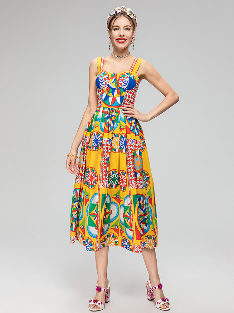 Summer Fashion Designer Beach Dress Women's Bohemia Pure Cotton High Waist Print Crumple Slim Fit Dress