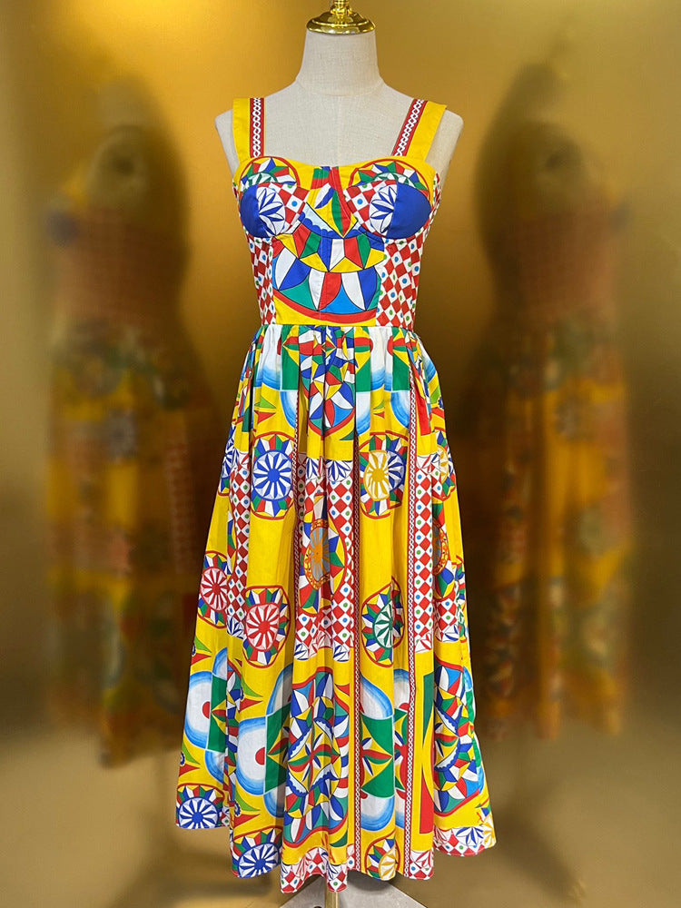 High Quality Designer Summer Beach Women's Bohemia Cotton Multicoloured Print Crumple Slim Fit Midi Dress