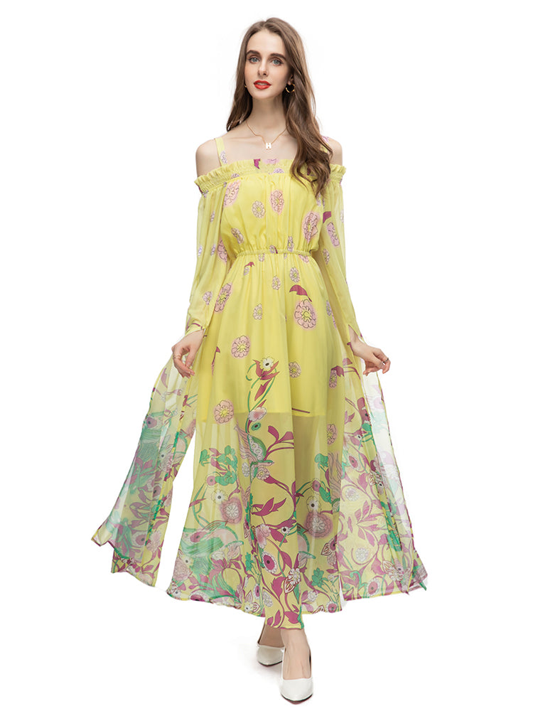 Summer Runway Designer Vintage Dress Women's Flare Sleeve High Waist Print Transparent Party Dress