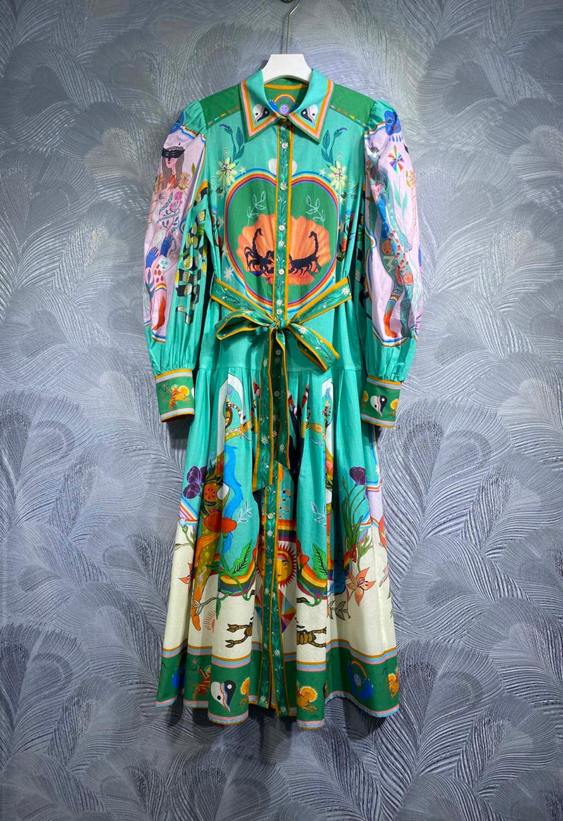Luxury Designer Fashion Autumn Women Cotton Shirtdress Bohemian Printed Midi Dress With Long Sleeve