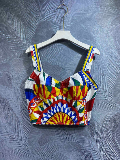 Italy Stylish Women Printed Cotton Bustier Top And Long Maxi Skirt In Multicolor