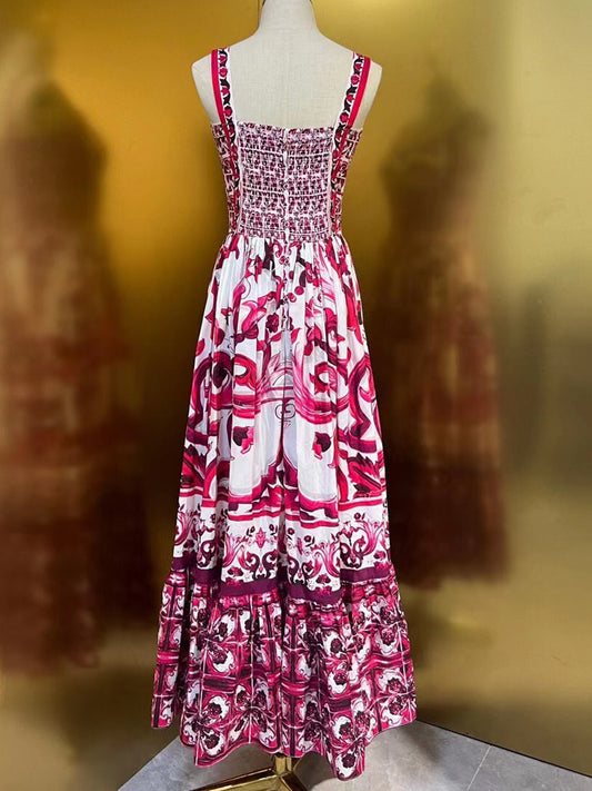 Fashion Designer Summer Cotton Dress Women Spaghetti Strap Sleeveless Flowers Print Vintage Party Backless Long Dress