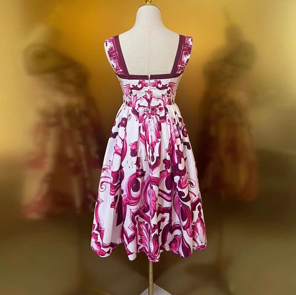 Fashion Designer Summer 100% Cotton Dress Women Spaghetti Strap Sleeveless Flowers Print Vacation Backless Mini Dress