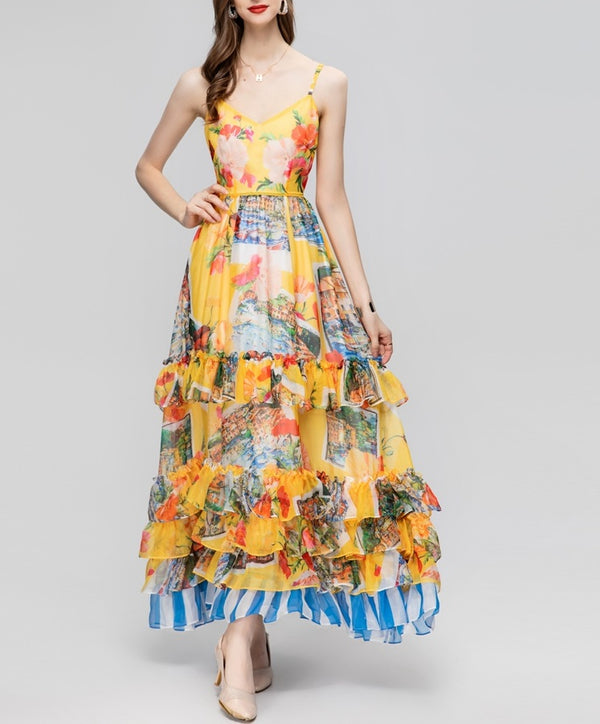 V-neck Yellow Print Multi-layer Ruffles Long Maxi A-line Strap Dress Autumn Winter 2023 Women Vestidos Robe Femme