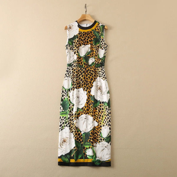High Quality Designer Inspired Women Leopard&Rose Print SILK Midi Dress