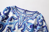 High Quality Summer Women Fashion Designer Blue and White Porcelain Print Shorts Sets Batwing Sleeve Tops + Shorts Suits