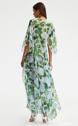 High Quality Summer Women Fashion Designer Maxi Dress Batwing Sleeve Green Leaf Printed Ruffles Trim Hem Holiday Dresses