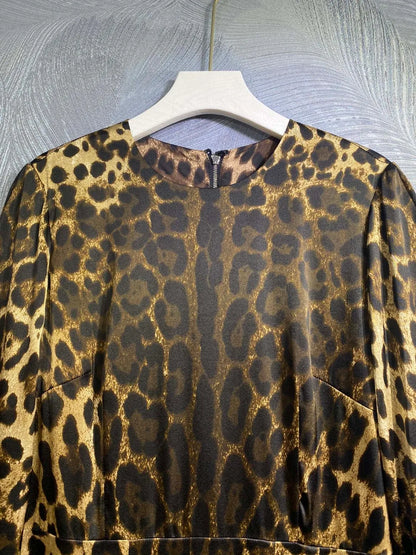 HIGH QUALITY Designer Women Leopard Print Silk Midi Dress With Long Sleeve