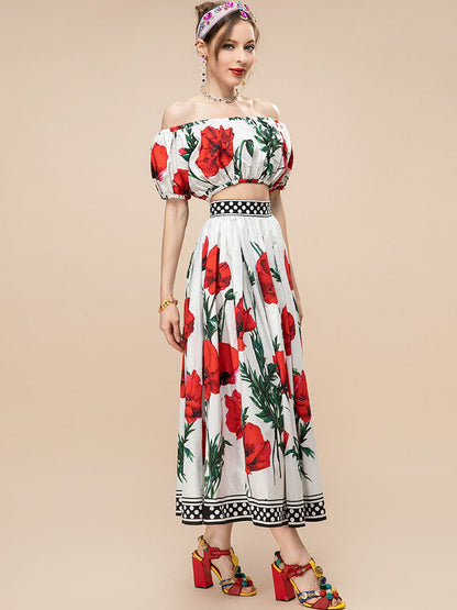 Summer Runway Fashion Cotton Skirts Women's Vacation Floral print Elegant Long Skirts