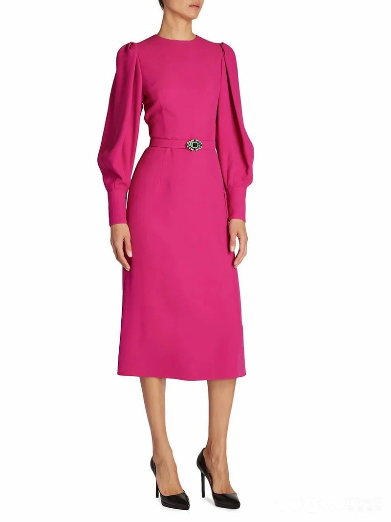 Elegant Women's Pink Crystal-Belted Puff-sleeve Midi Dress High Quality Designer Inspired