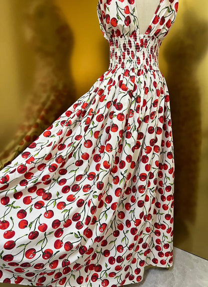 HIGH QUALITY Summer Holiday Women Cotton Maxi Dress With V-Neck Elastic Waist Cherry Print For Party