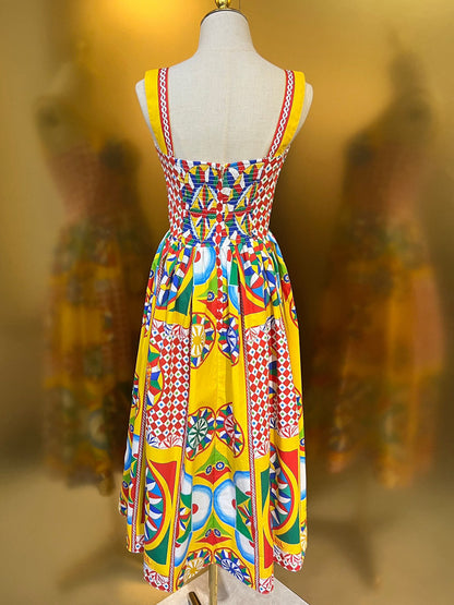 High Quality Designer Summer Beach Women's Bohemia Cotton Multicoloured Print Crumple Slim Fit Midi Dress