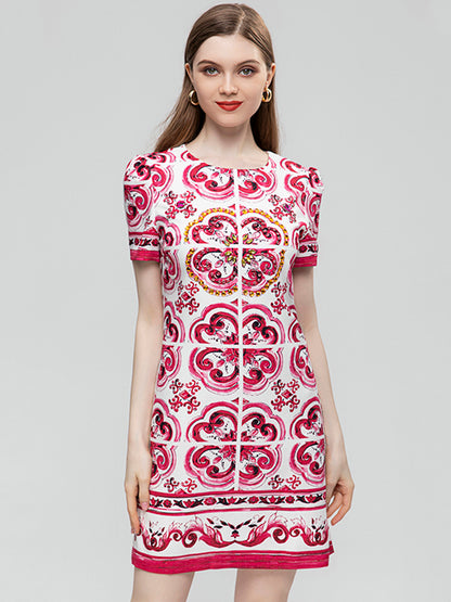 Summer Fashion Runway Vintage Loose Dress Women's O-Neck Short Sleeve Beading Diamond Print Buttock Covering Mini Dress
