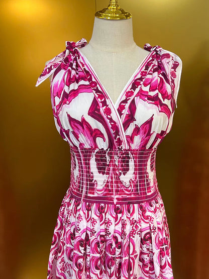 Fashion Designer Spring Summer Cotton Dress Women V-Neck Sleeveless Bow Flowers Print Vintage Elastic Waist Dresses
