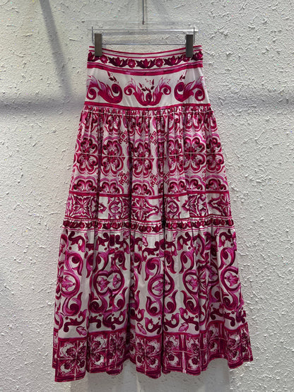 Fashion Designer Summer 100% Cotton Skirts High Waist Flower Print Vintage Long Skirts