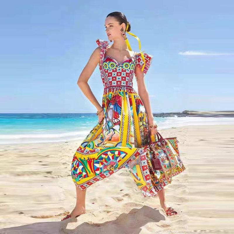 new women's fashion casual sling dress big-name high-quality y2k beachresort style positioningprinted colorful MIDI skirt