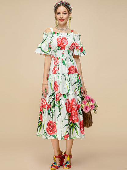 Summer Fashion Long Cotton Dress Women Slase neck Elastic waist Floral Print Holiday Elegant Dress