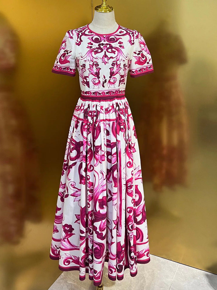 Designer Runway Inspired Summer Women's Cotton Midi Dress With Luxury Fashion Print Pattern