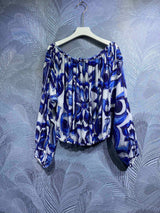 HIGH QUALITY Luxury Women's Silk Off-Shoulder Blue&White Porcelain Print Loose Blouse
