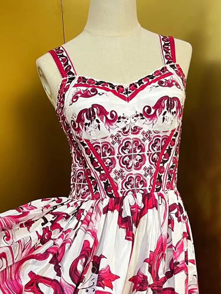 Women Cotton Midi Dress Spaghetti Strap Printing High Waist Big Swing Dresses