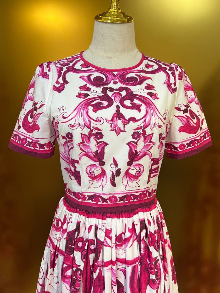 Designer Runway Inspired Summer Women's Cotton Midi Dress With Luxury Fashion Print Pattern