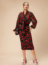 New Style Vintage Elegant Loose Set Women's Real Silk Spaghetti High Waist Fruit Print Ruffle Skirts Sets