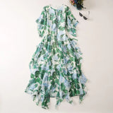 High Quality Summer Women Fashion Designer Maxi Dress Batwing Sleeve Green Leaf Printed Ruffles Trim Hem Holiday Dresses